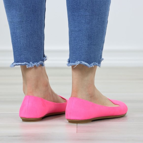Neon Pink Faux Suede Rounded Toe Slip On Flat Shoes - Picture 6 of 12